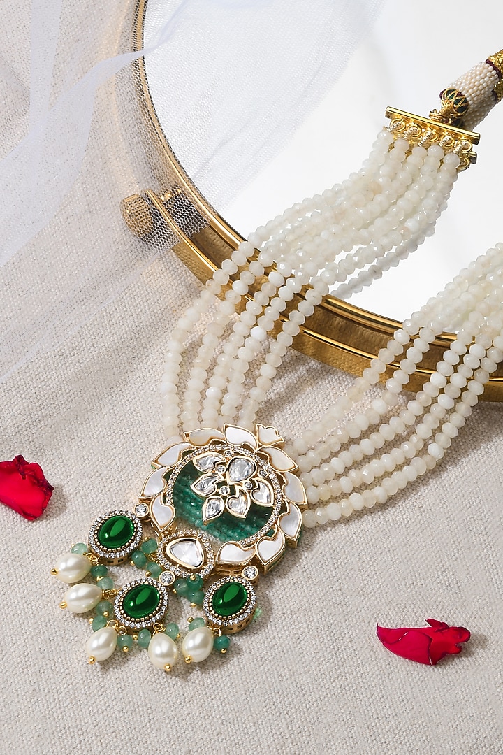 Gold Finish Multi-Colored Stone Necklace Set by Joules By Radhika at Pernia's Pop Up Shop
