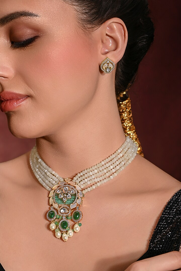 Gold Finish Multi-Colored Stone Necklace Set by Joules By Radhika at Pernia's Pop Up Shop