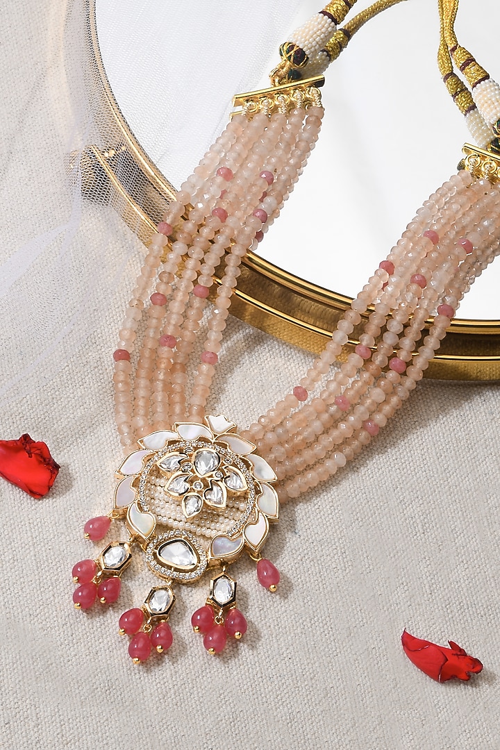 Gold Finish Pink Stone Necklace Set by Joules By Radhika at Pernia's Pop Up Shop