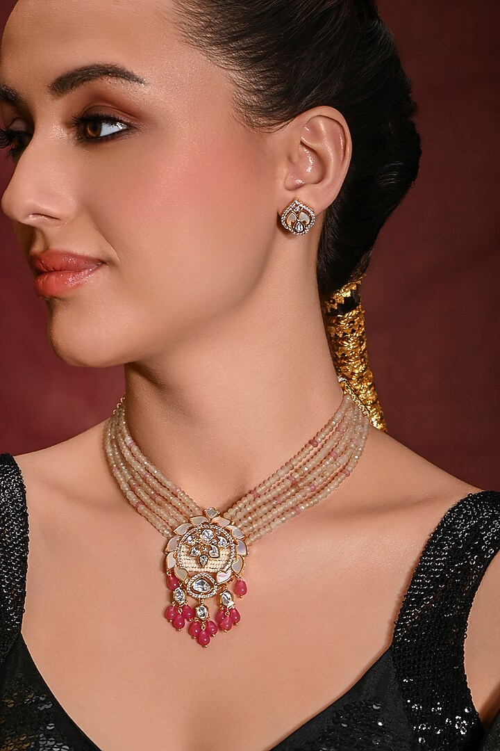 Gold Finish Pink Stone Necklace Set by Joules By Radhika at Pernia's Pop Up Shop