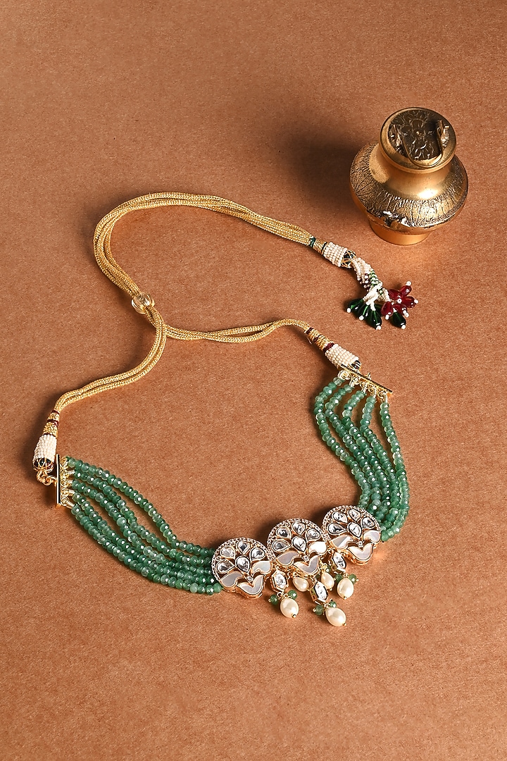 Gold Finish Green Stone Choker Necklace Set by Joules By Radhika at Pernia's Pop Up Shop