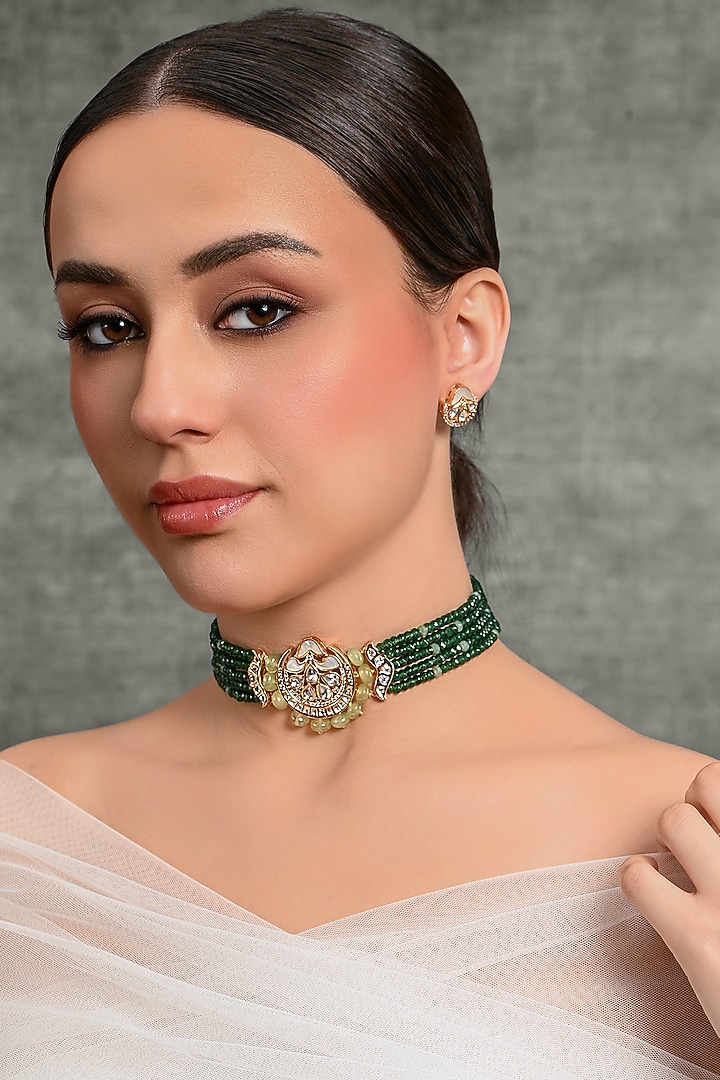 Gold Finish Green Stone Choker Necklace Set by Joules By Radhika at Pernia's Pop Up Shop