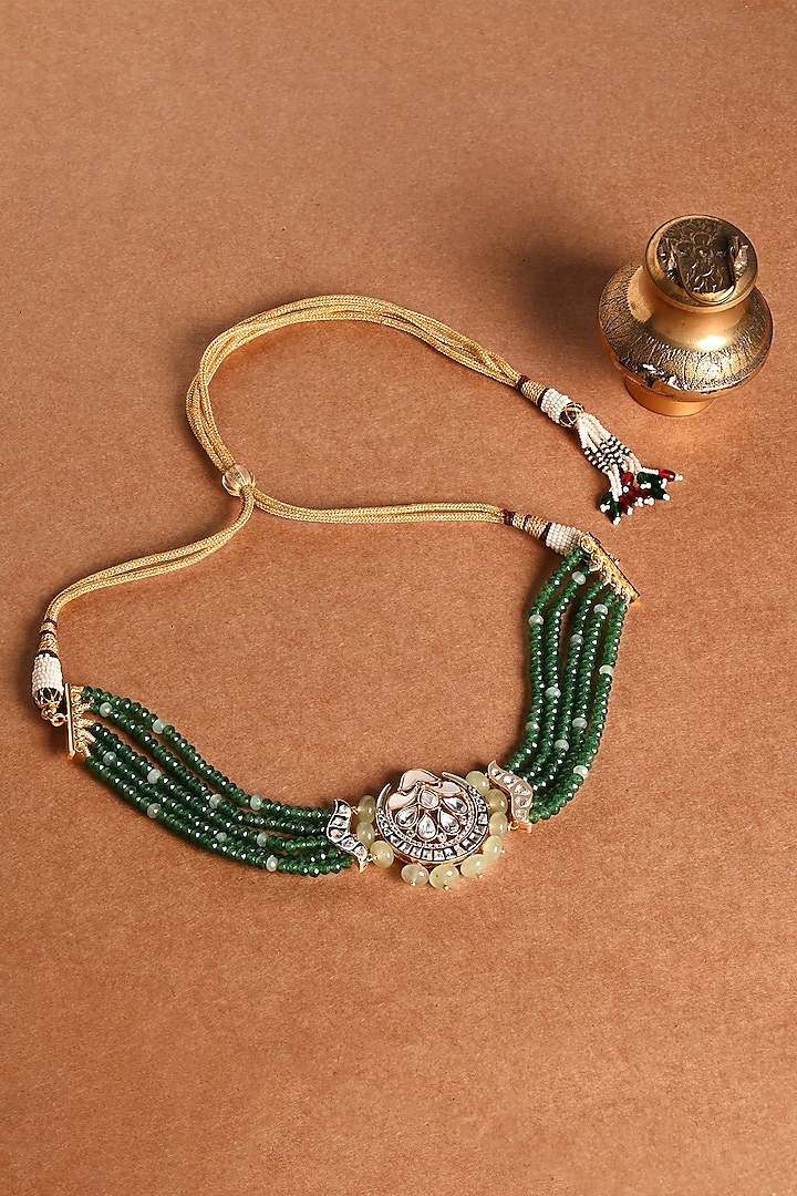 Gold Finish Green Stone Choker Necklace Set by Joules By Radhika at Pernia's Pop Up Shop