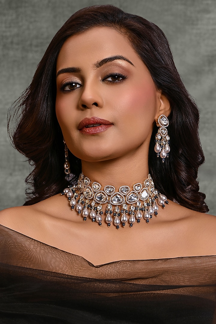 Gold Finish Multi-Colored Stone Choker Necklace Set by Joules By Radhika at Pernia's Pop Up Shop