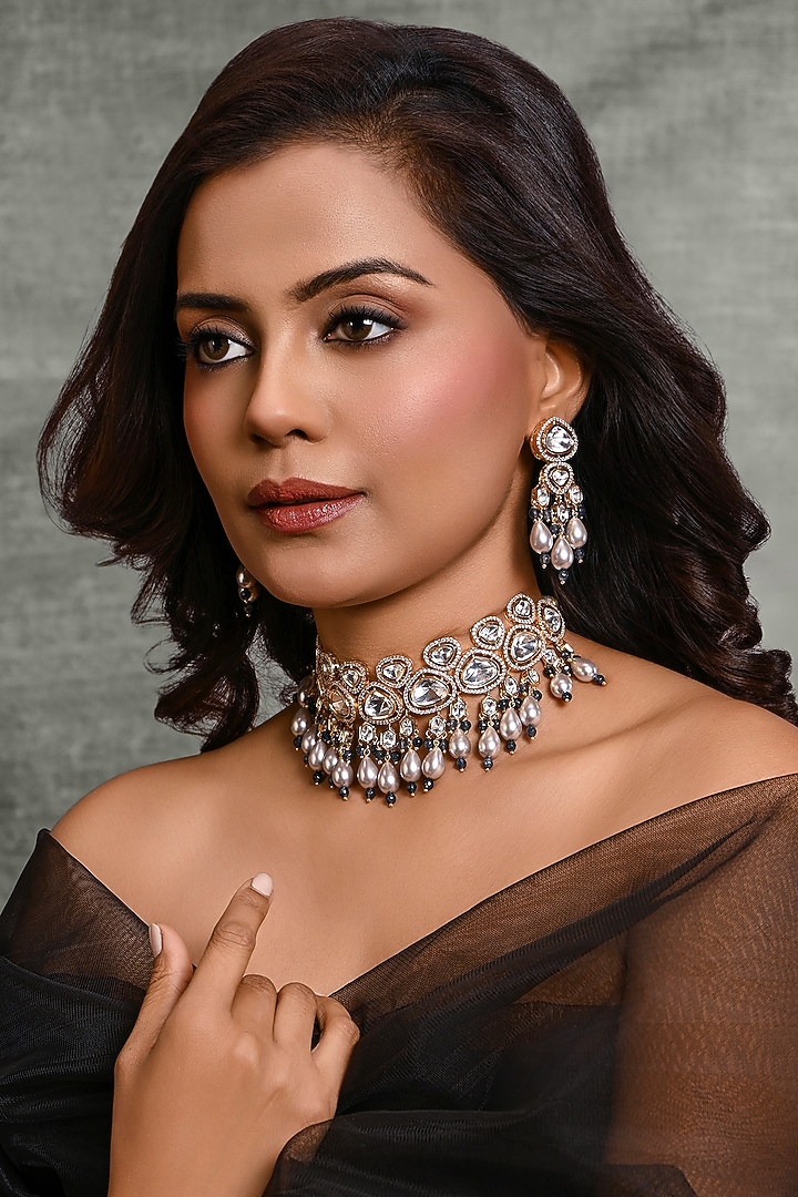 Gold Finish Multi-Colored Stone Choker Necklace Set by Joules By Radhika at Pernia's Pop Up Shop