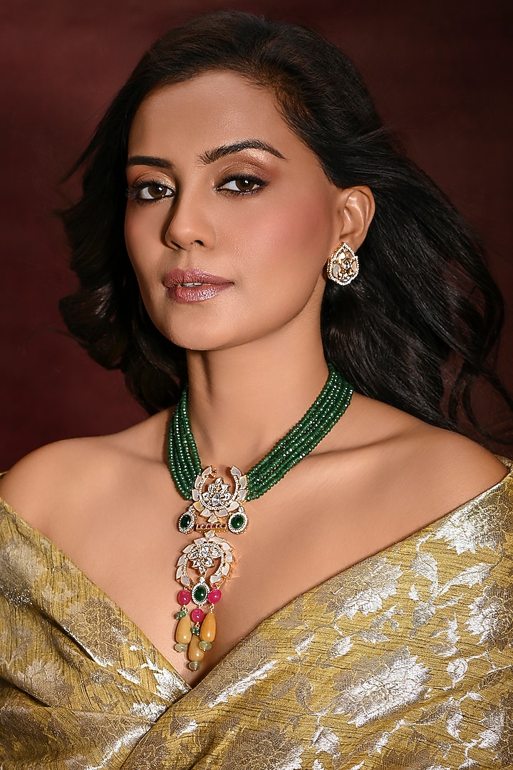 Gold Finish Blue Stone Beaded Necklace by Joules By Radhika at Pernia's Pop Up Shop