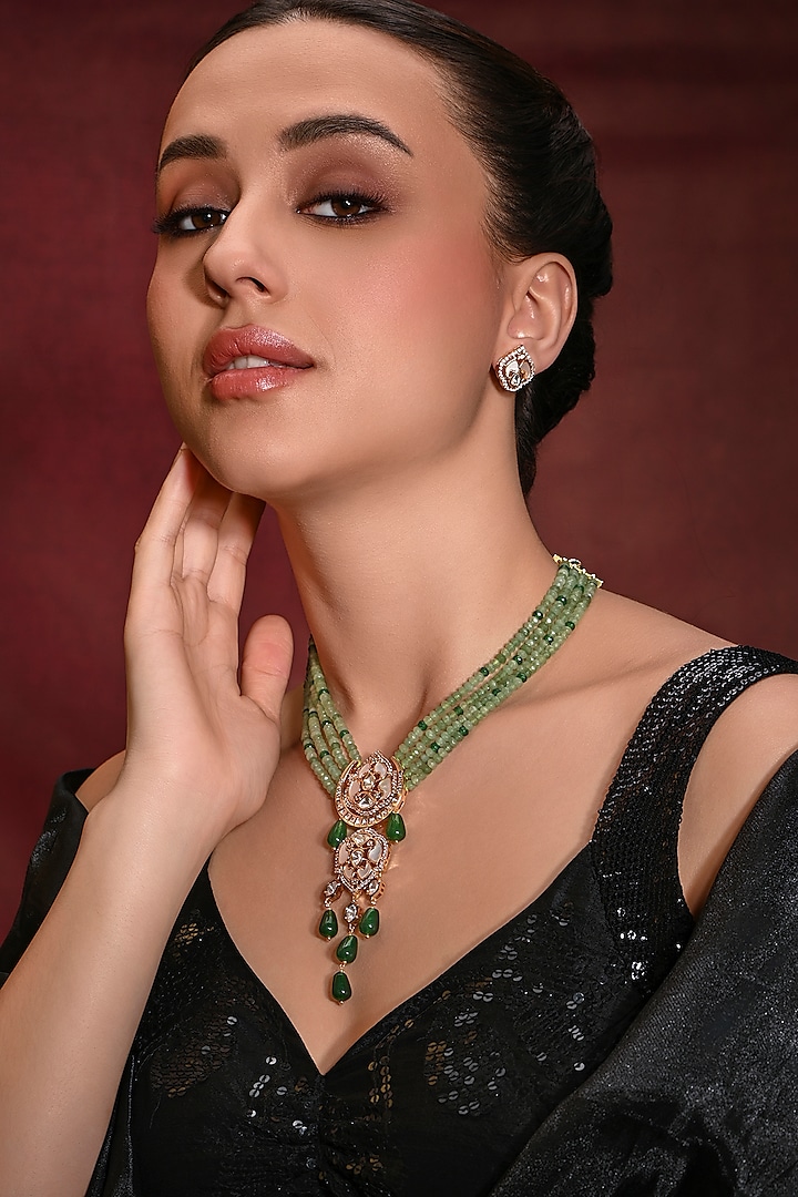 Gold Finish Green Stone Choker Necklace Set by Joules By Radhika at Pernia's Pop Up Shop