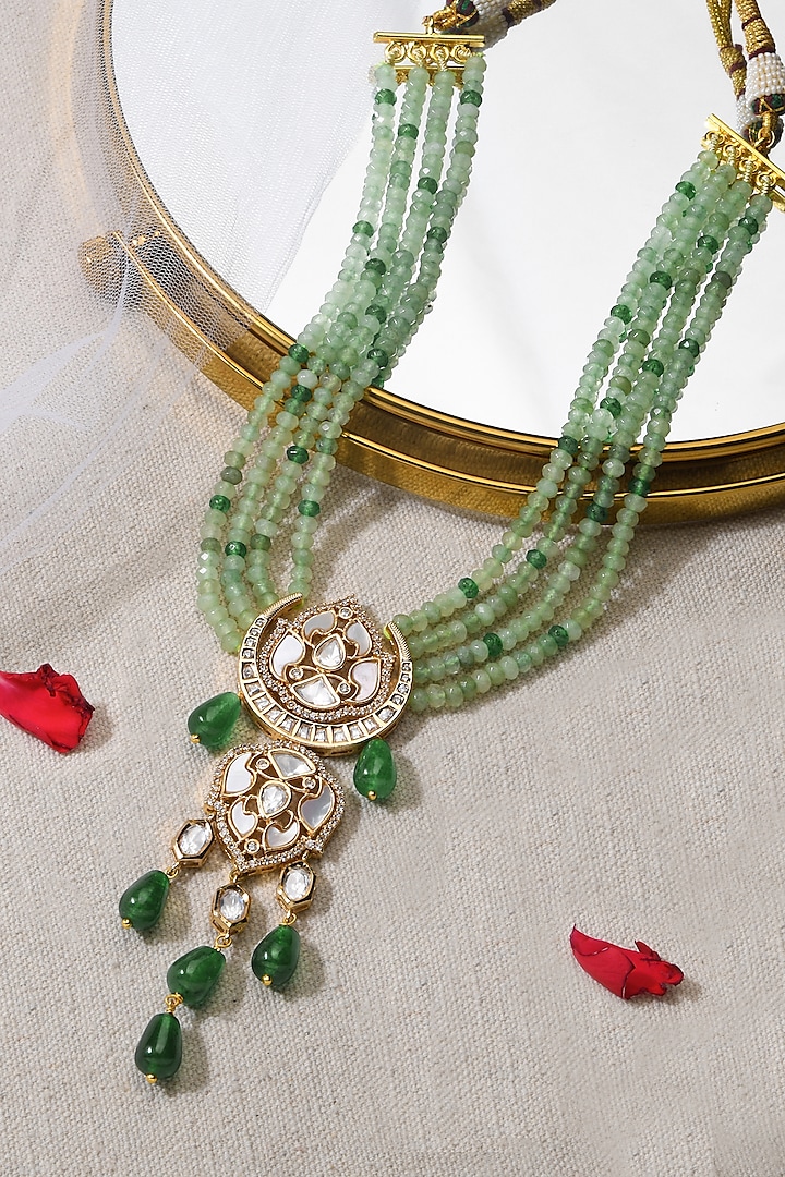 Gold Finish Green Stone Choker Necklace Set by Joules By Radhika at Pernia's Pop Up Shop