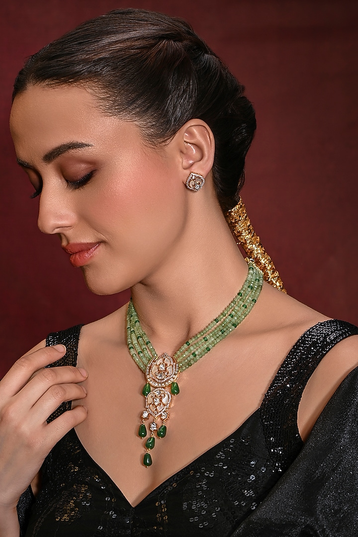 Gold Finish Green Stone Choker Necklace Set by Joules By Radhika at Pernia's Pop Up Shop