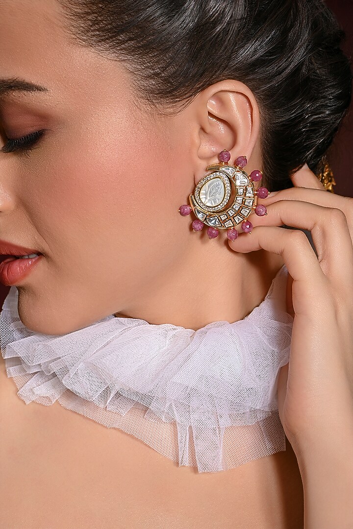 Gold Finish Red Stone Stud Earrings by Joules By Radhika at Pernia's Pop Up Shop