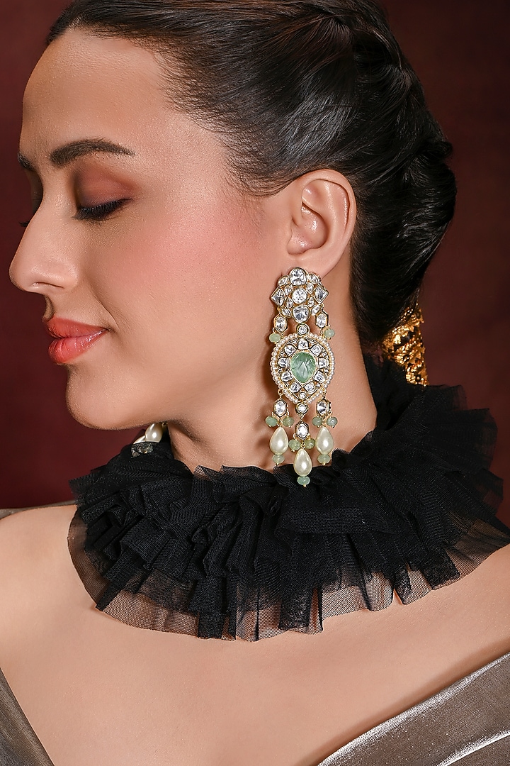 Gold Finish Green Stone Dangler Earrings by Joules By Radhika at Pernia's Pop Up Shop