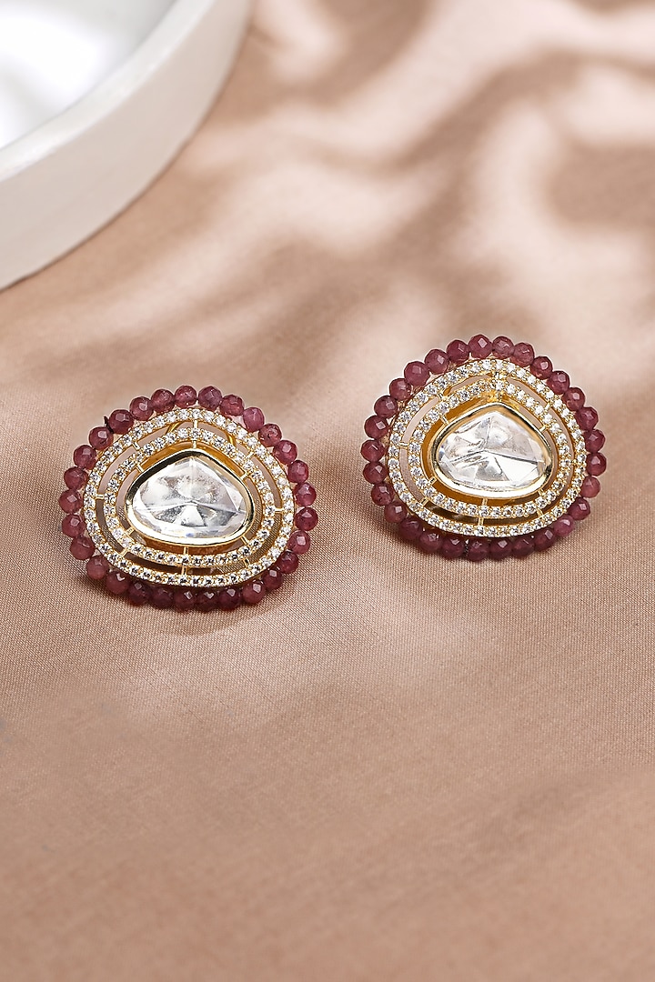 Gold Finish Red Stone Stud Earrings by Joules By Radhika at Pernia's Pop Up Shop