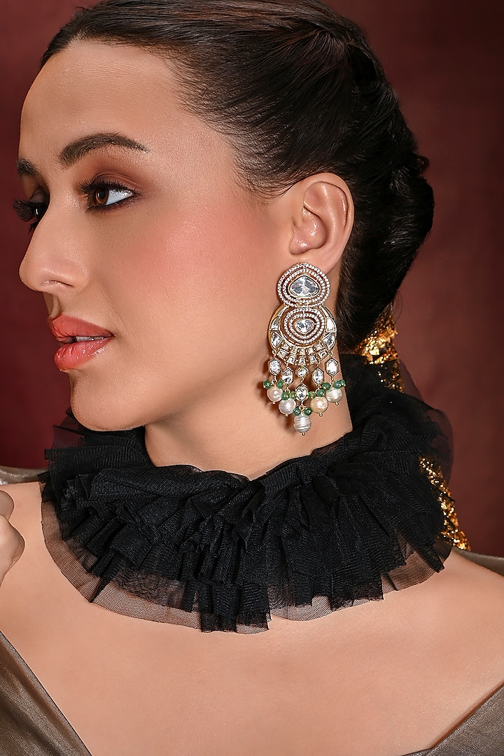 Gold Finish Green Stone Dangler Earrings by Joules By Radhika at Pernia's Pop Up Shop