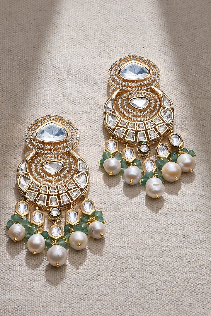 Gold Finish Green Stone Dangler Earrings by Joules By Radhika at Pernia's Pop Up Shop