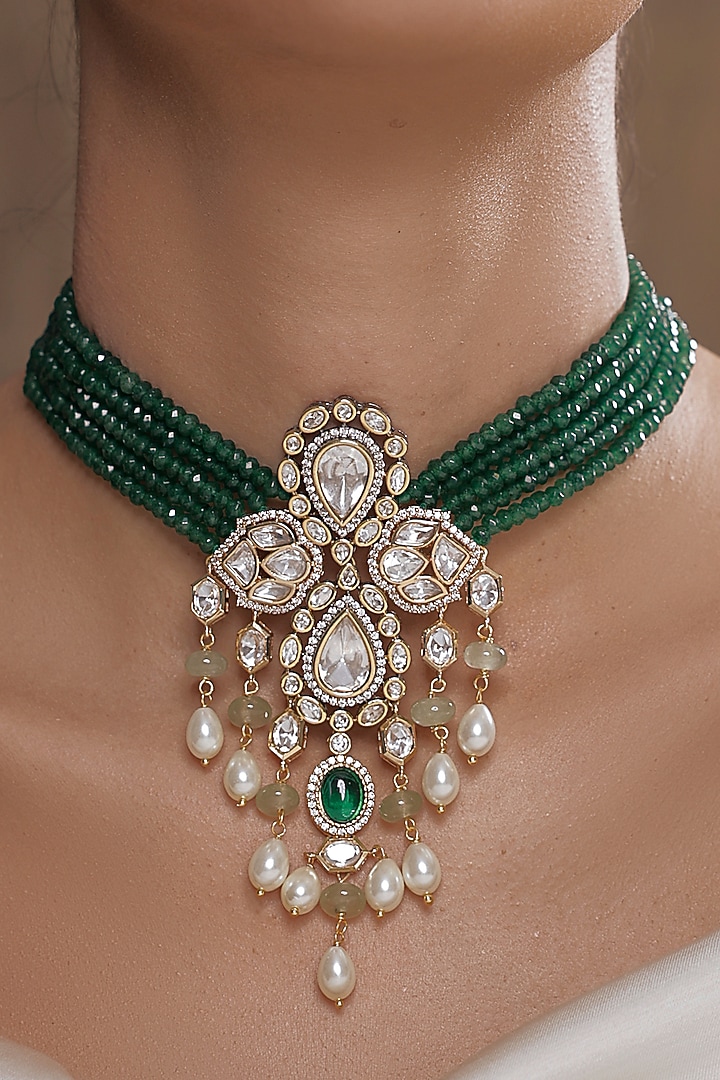 Gold Finish Dark Green Beaded & Polki Pearl Choker Necklace by Joules By Radhika at Pernia's Pop Up Shop