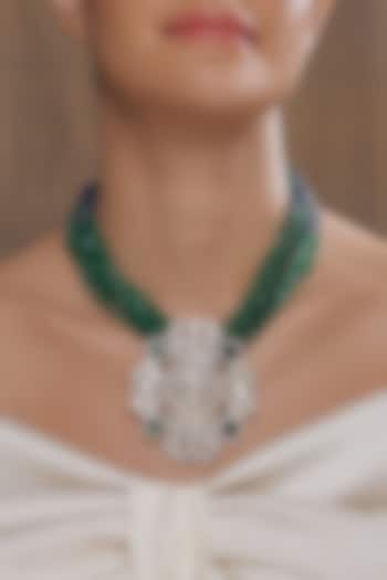 Gold Finish Blue & Dark Green Beaded Pendant Chain Necklace by Joules By Radhika at Pernia's Pop Up Shop