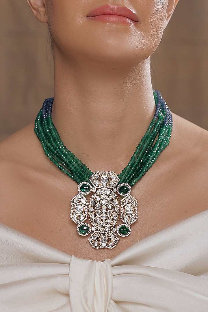 Gold Finish Blue & Dark Green Beaded Pendant Chain Necklace by Joules By Radhika at Pernia's Pop Up Shop