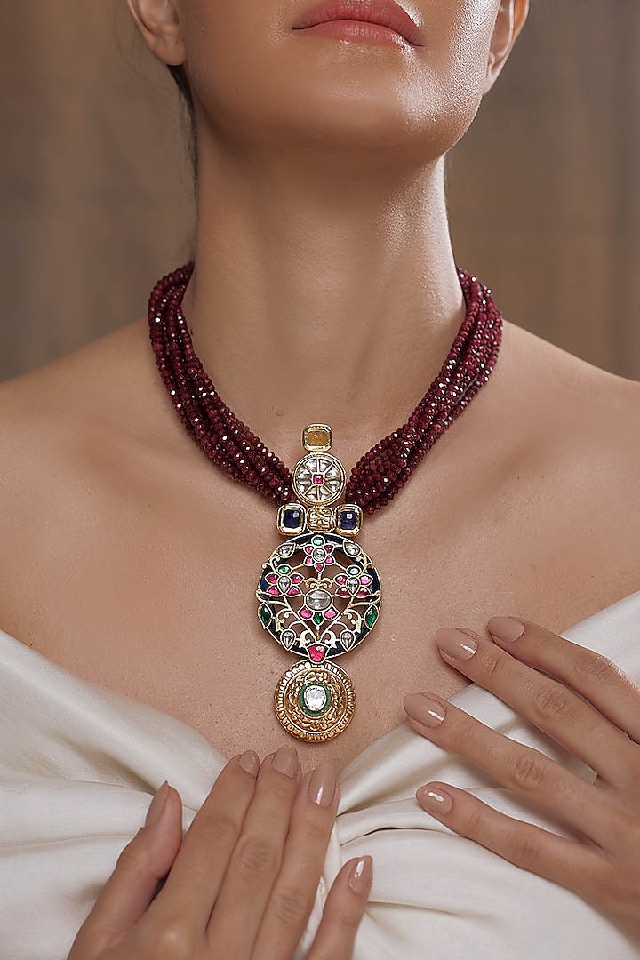 Gold Finish Maroon Beaded Necklace by Joules By Radhika at Pernia's Pop Up Shop