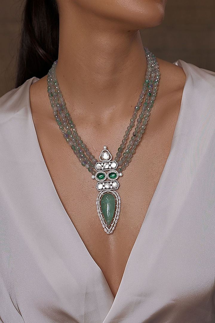 Gold Finish Kundan Polki & Blue Stone Necklace by Joules By Radhika at Pernia's Pop Up Shop