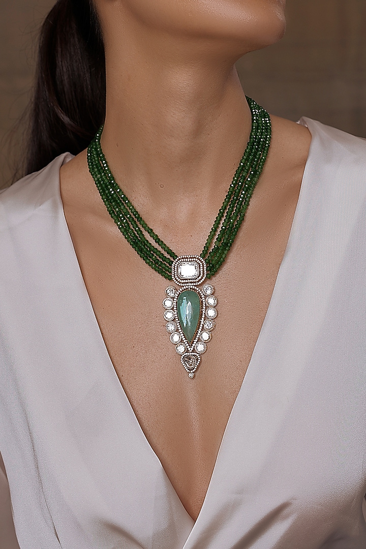 Gold Finish Kundan Polki & Deep Green Stone Necklace by Joules By Radhika at Pernia's Pop Up Shop