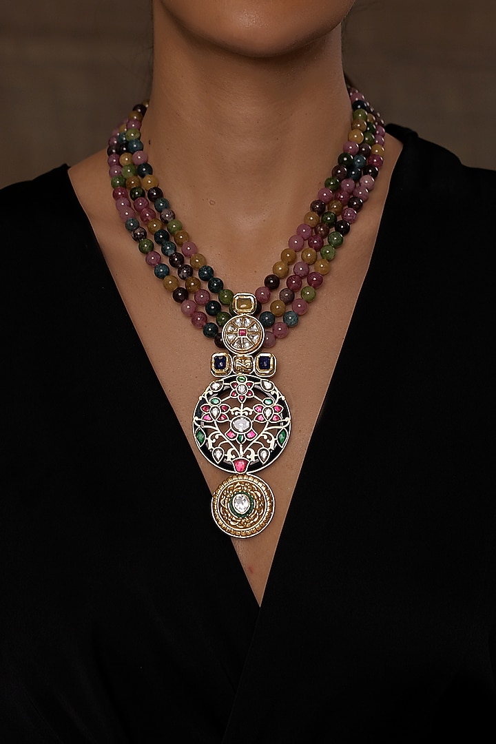 Gold Finish Multi-Colored Beaded Kaleidoscope Charm Necklace by Joules By Radhika at Pernia's Pop Up Shop