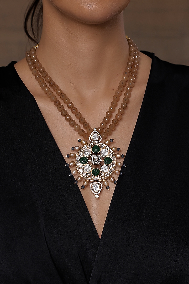 Gold Finish Kundan Polki & Beige Stone Beaded Pendant Necklace by Joules By Radhika at Pernia's Pop Up Shop