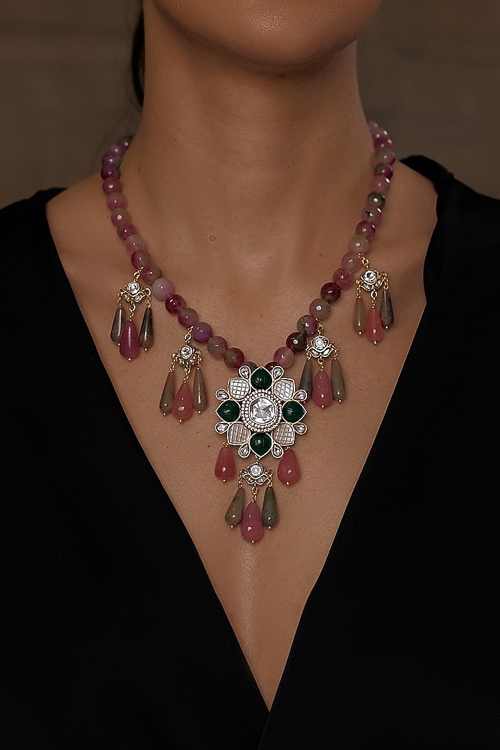 Gold Finish Mosaic Stone Long Necklace by Joules By Radhika at Pernia's Pop Up Shop