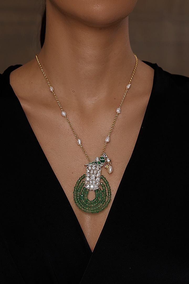 Gold Finish Polki Stone & Green Beaded Parrot Pendant Necklace by Joules By Radhika at Pernia's Pop Up Shop