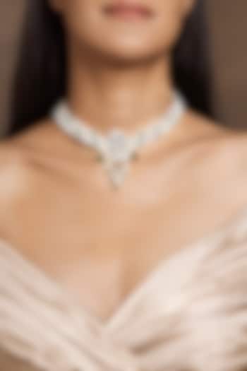 Gold Finish White & Green Beaded Necklace by Joules By Radhika at Pernia's Pop Up Shop