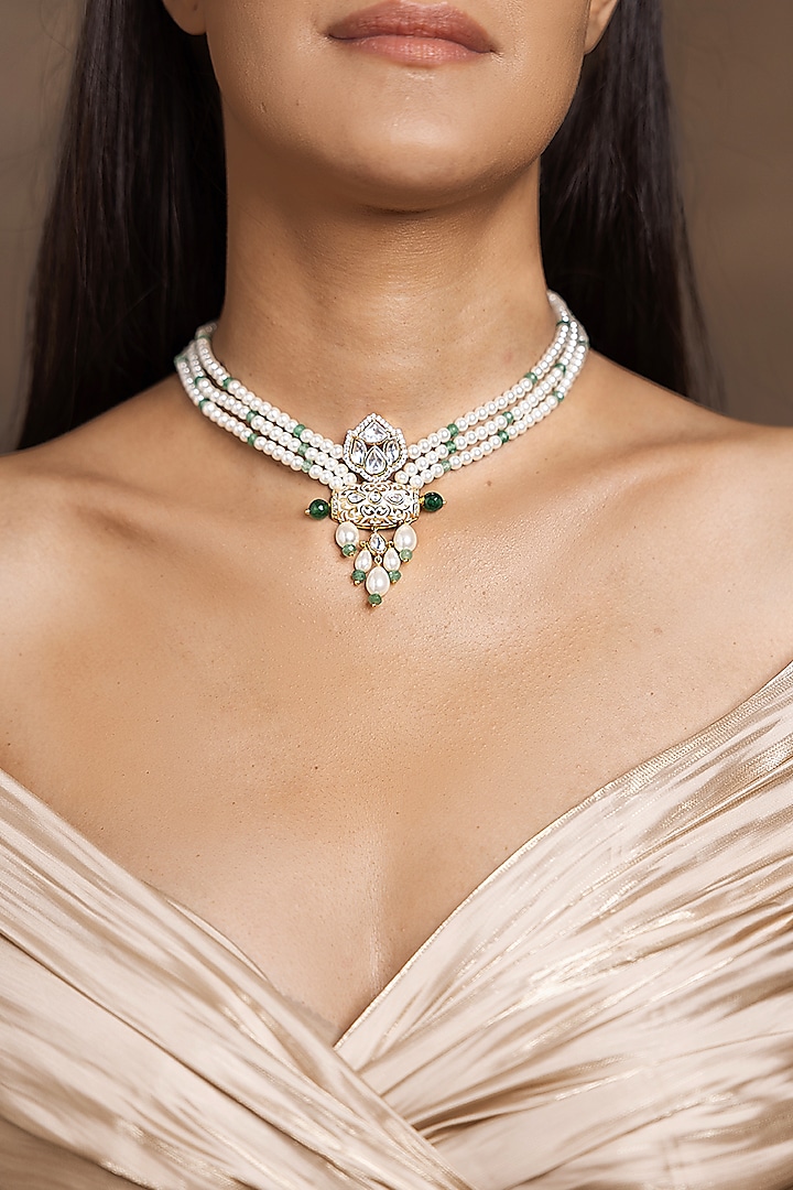 Gold Finish White & Green Beaded Necklace by Joules By Radhika at Pernia's Pop Up Shop