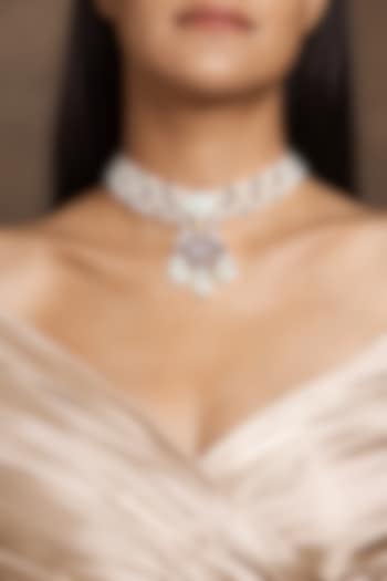 Gold Finish White & Green Beaded Choker Necklace by Joules By Radhika at Pernia's Pop Up Shop