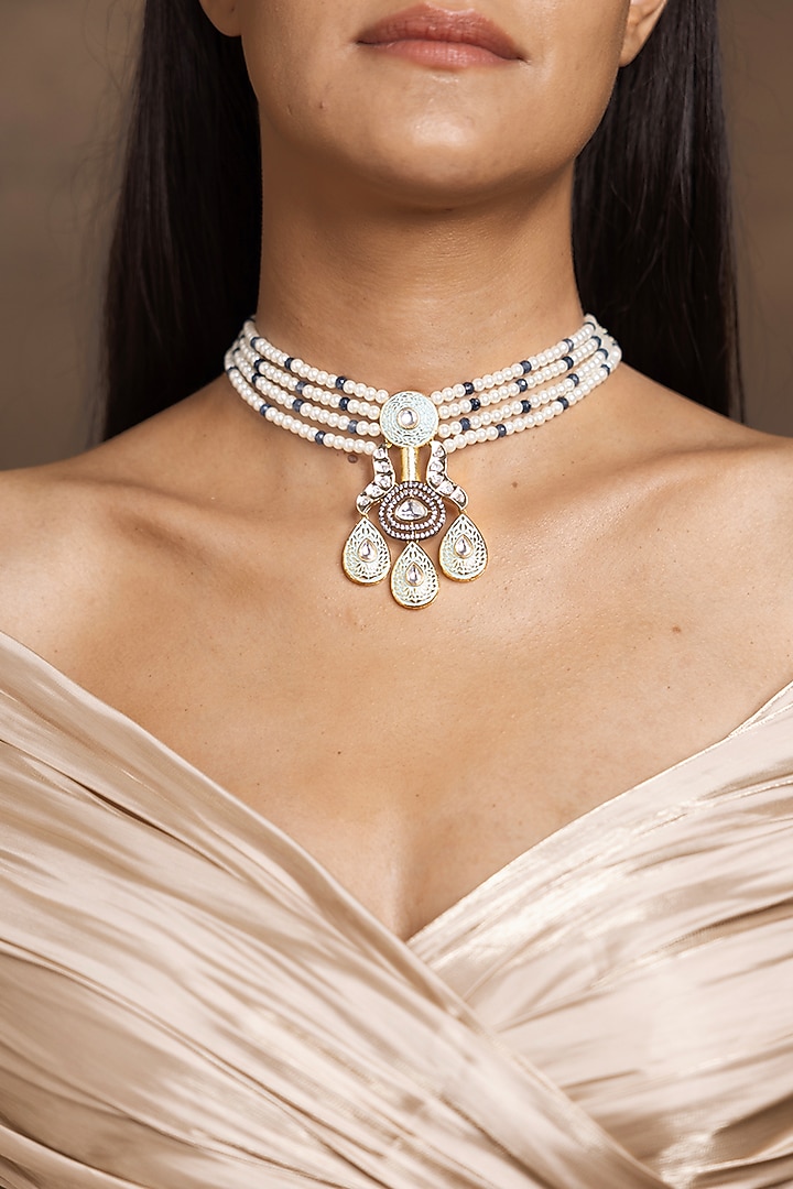 Gold Finish White & Green Beaded Choker Necklace by Joules By Radhika at Pernia's Pop Up Shop