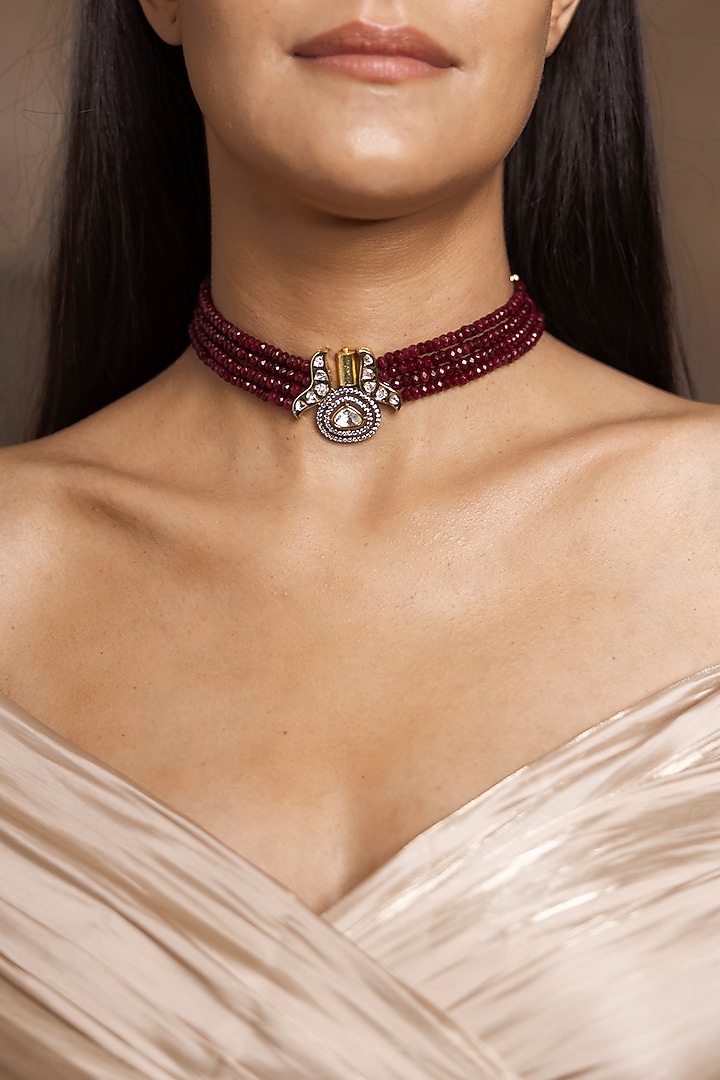 Gold Finish Red Beaded Choker Necklace by Joules By Radhika at Pernia's Pop Up Shop