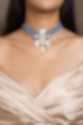 Gold Finish Blue Beaded Choker Necklace by Joules By Radhika at Pernia's Pop Up Shop