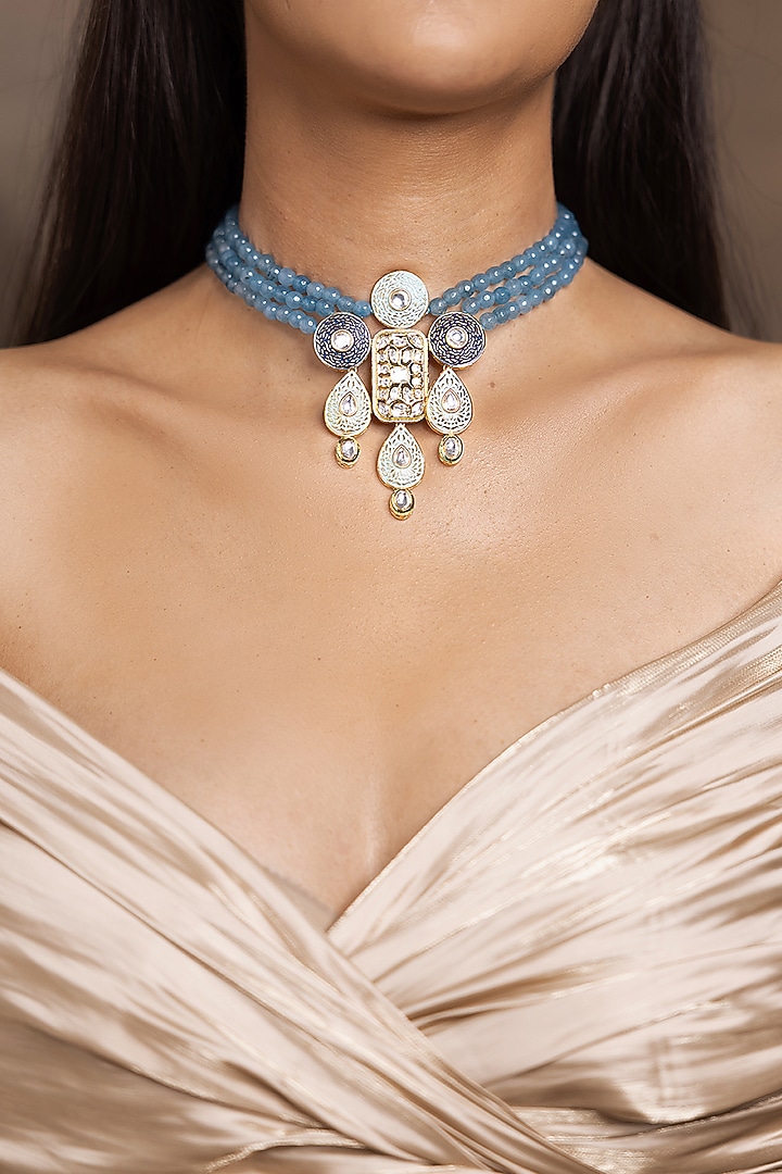 Gold Finish Blue Beaded Choker Necklace by Joules By Radhika at Pernia's Pop Up Shop