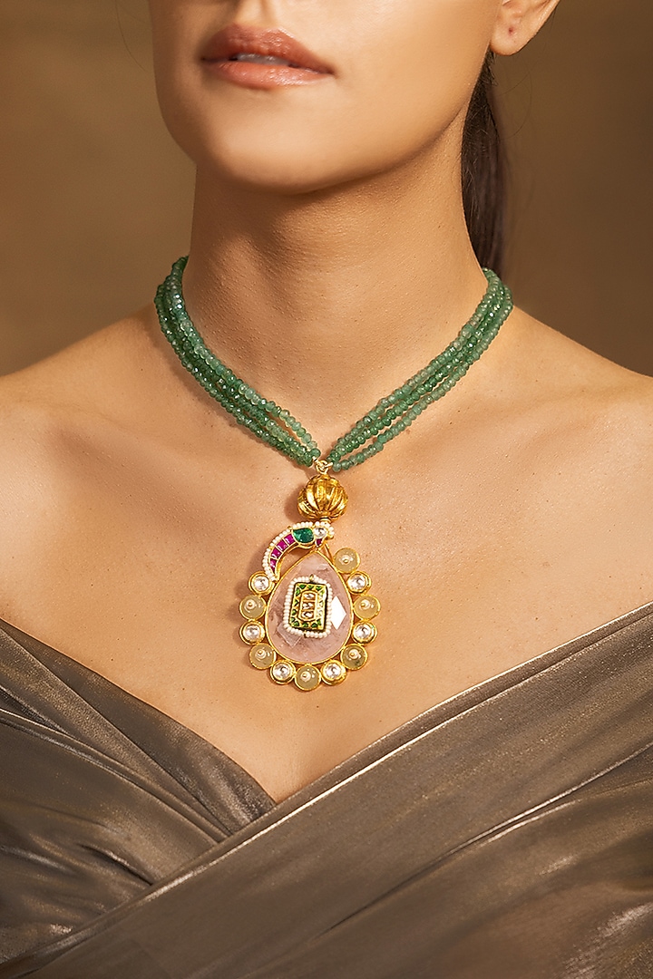 Yellow Gold Finish Green Stone Necklace by Joules By Radhika at Pernia's Pop Up Shop