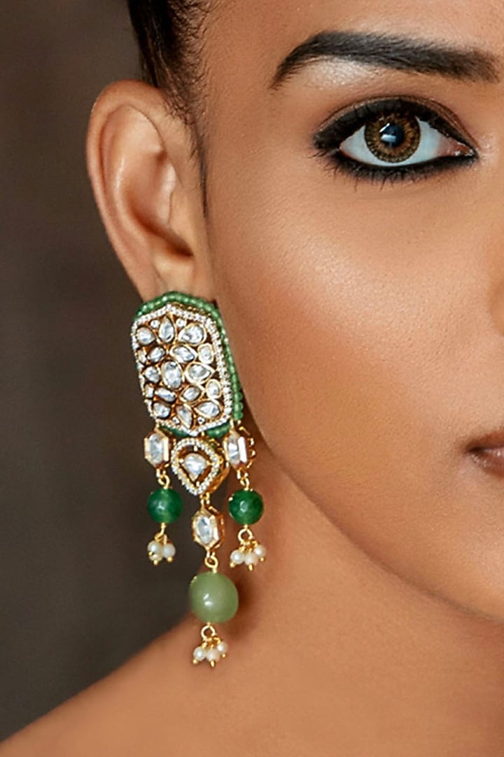 Gold Plated Hydro Polki & Agate Round Beaded Earrings by Joules By Radhika at Pernia's Pop Up Shop