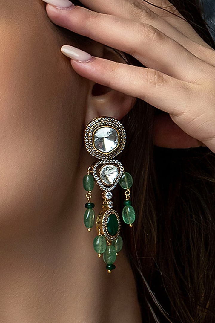 Gold Plated Jade Tumble & Emerald Stone Earrings by Joules By Radhika at Pernia's Pop Up Shop