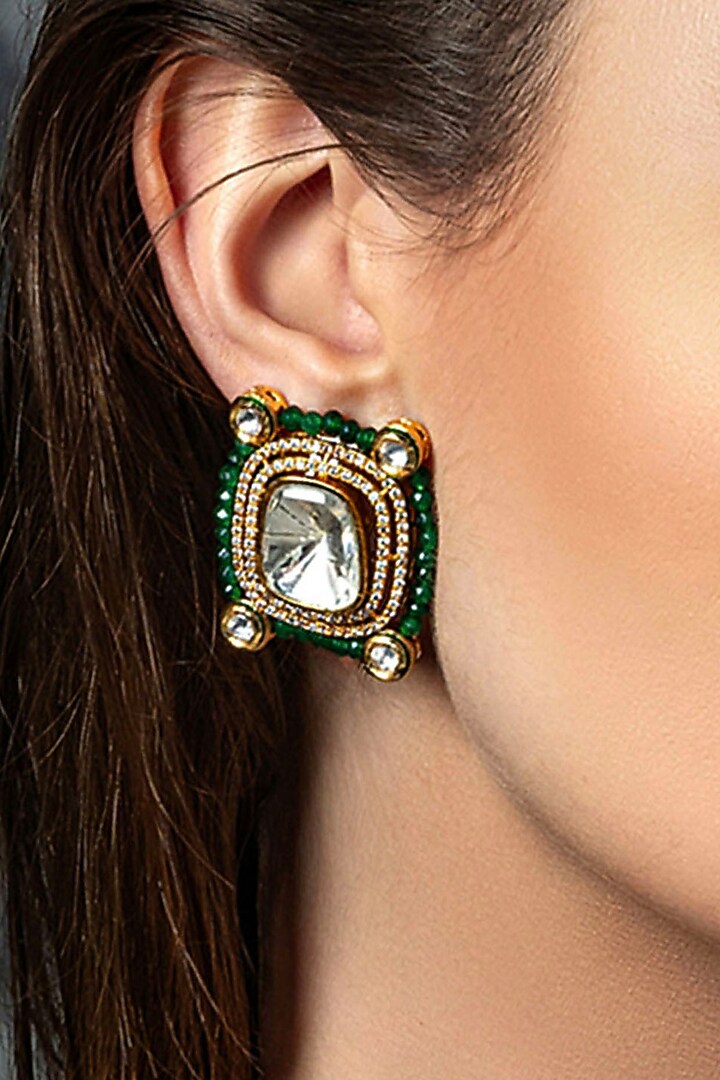 Gold Plated Hydro Polki Stone & Green Agate Beaded Earrings by Joules By Radhika at Pernia's Pop Up Shop