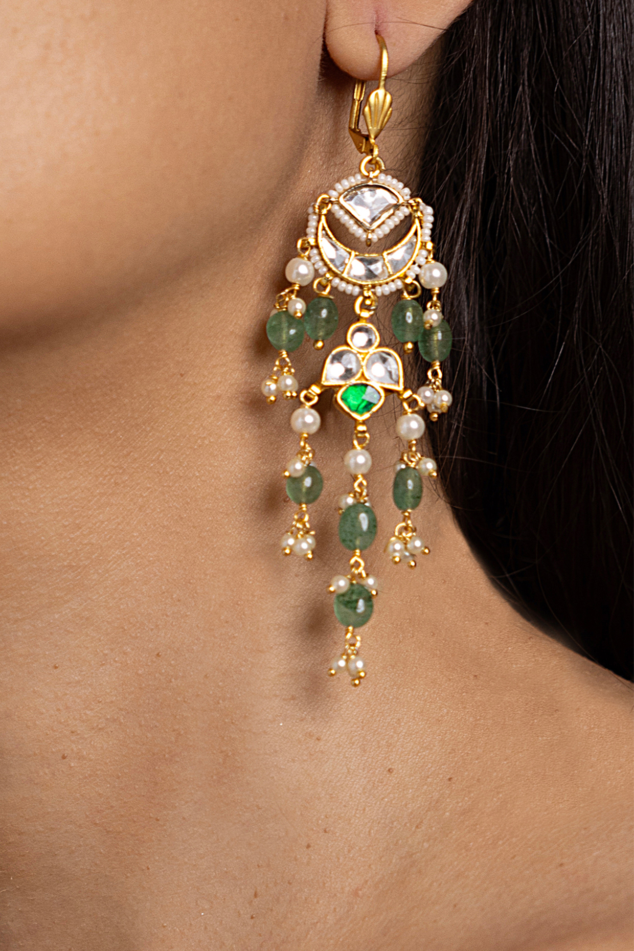 Gold Finish Green Kundan Polki Dangler Earrings by Joules By Radhika at Pernia's Pop Up Shop