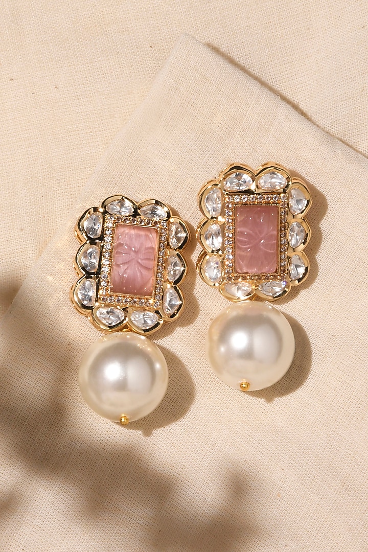 Gold Finish Pink Stone & Pearl Drop Earrings by Joules By Radhika at Pernia's Pop Up Shop