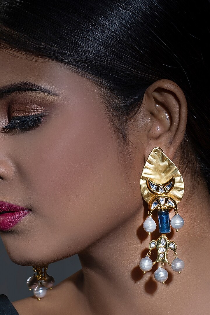 Gold Finish Pearl & Polki Earrings by Joules By Radhika at Pernia's Pop Up Shop