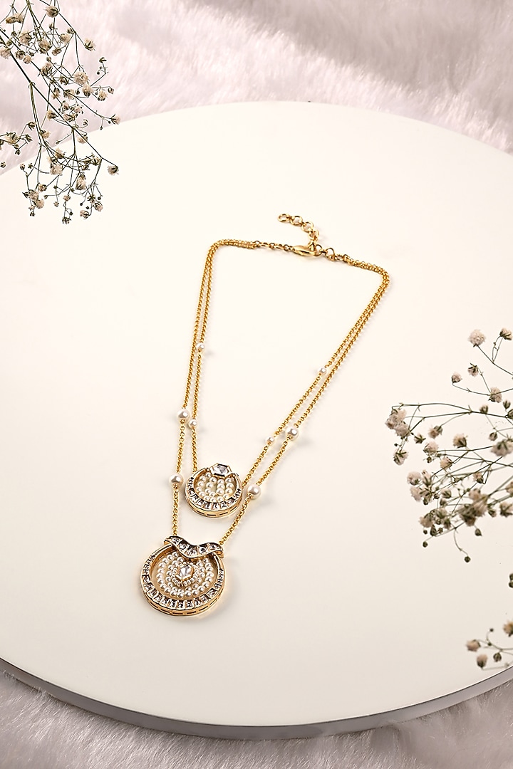 Gold Finish Kundan Polki & Pearl Long Necklace by Joules By Radhika at Pernia's Pop Up Shop