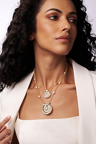 Gold Finish Kundan Polki & Pearl Long Necklace by Joules By Radhika