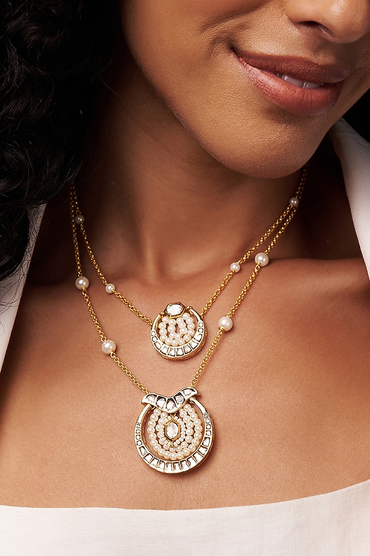 Gold Finish Kundan Polki & Pearl Long Necklace by Joules By Radhika at Pernia's Pop Up Shop