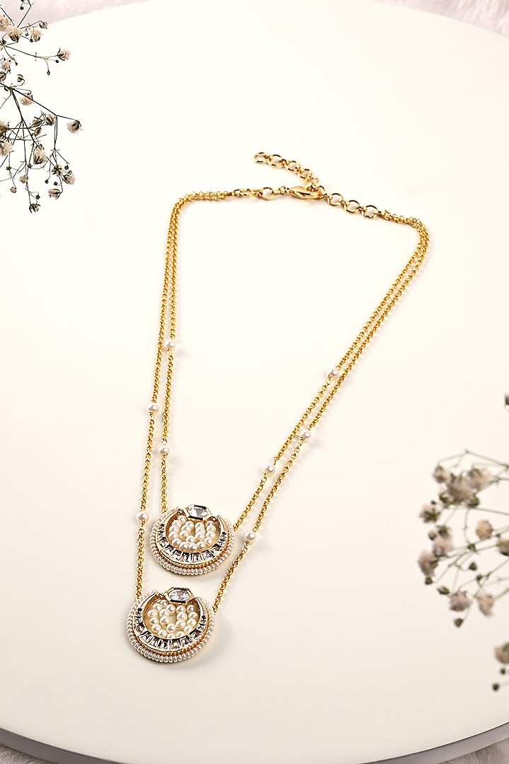 Gold Finish Kundan Polki & Pearl Beaded Long Necklace by Joules By Radhika at Pernia's Pop Up Shop