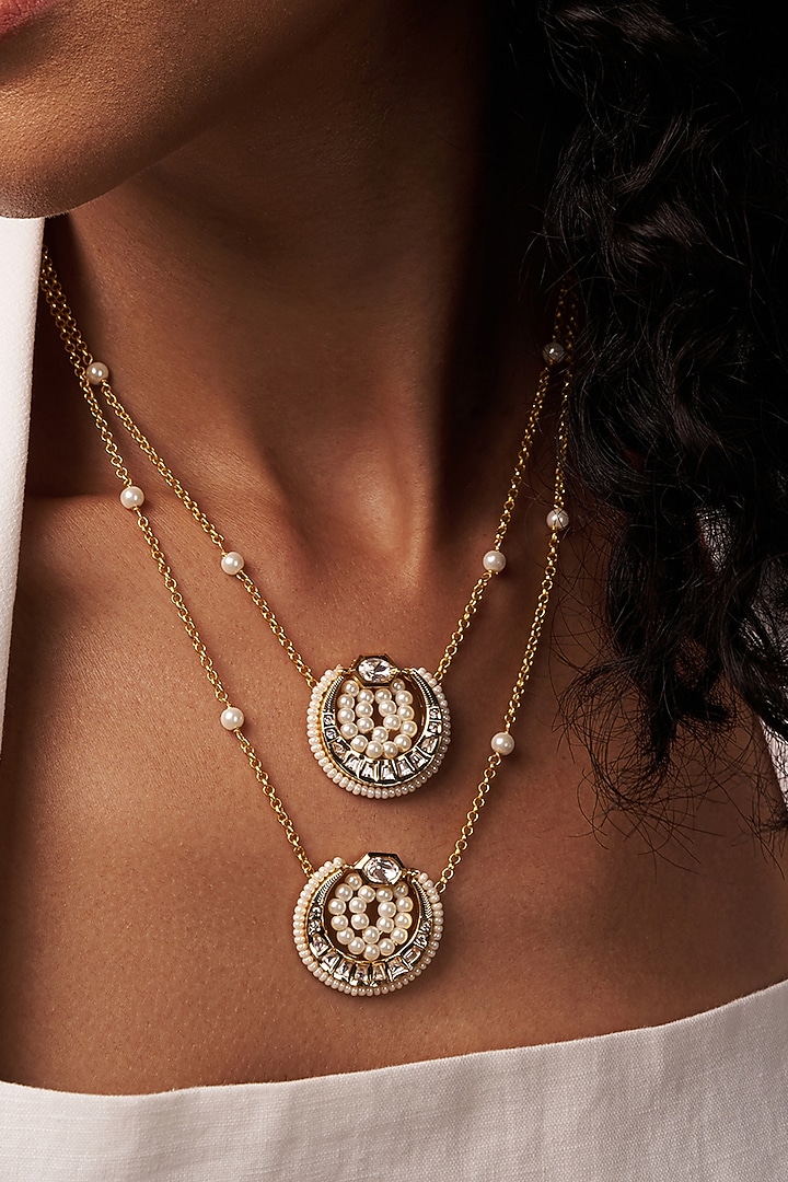 Gold Finish Kundan Polki & Pearl Beaded Long Necklace by Joules By Radhika at Pernia's Pop Up Shop