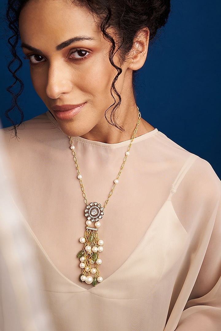 Gold Finish Kundan Polki & Pearl Long Necklace by Joules By Radhika at Pernia's Pop Up Shop