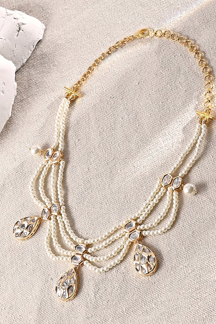 Gold Finish Kundan Polki & Pearl Long Necklace by Joules By Radhika at Pernia's Pop Up Shop