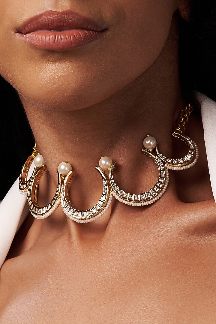 Gold Finish Kundan Polki & Pearl Choker Necklace by Joules By Radhika at Pernia's Pop Up Shop